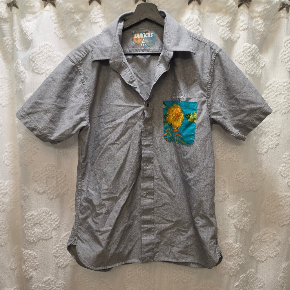 Saikicks Mens Grey Oxford Short Sleeve Button Down Contrast Pocket Shirt L